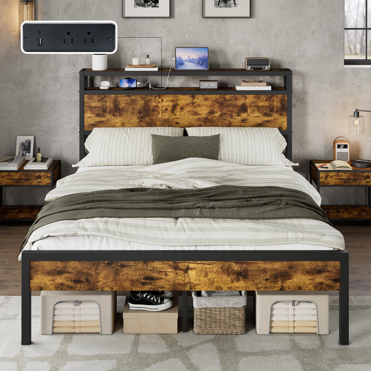 AMERLIFE King Size Platform Bed Frame with Charging Station