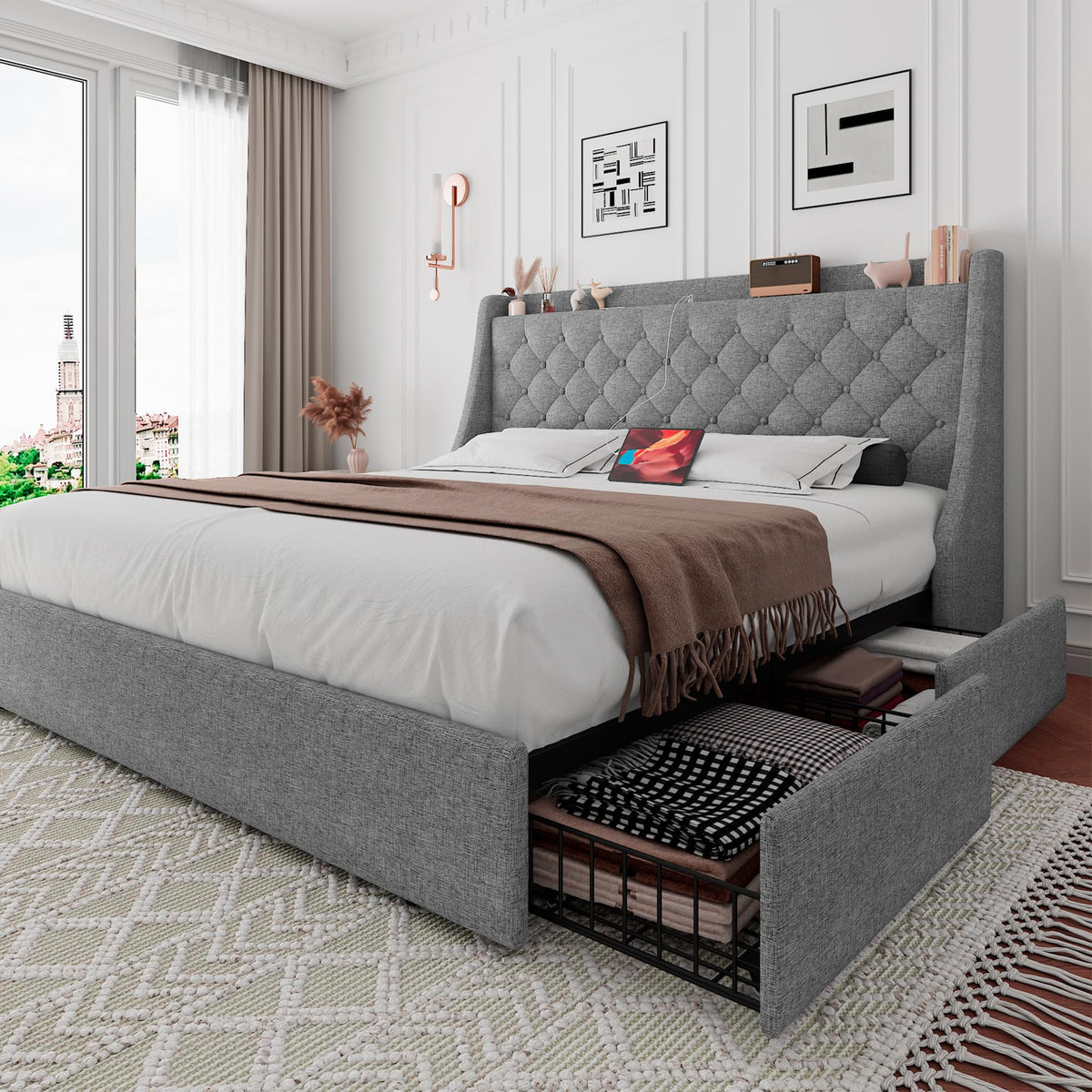 iPormis Queen Bed Frame with 4 Storage Drawers, Upholstered Platform Bed Frame with Type-C & USB Ports, Wingback Storage Headboard, Solid Wood Slats, No Box Spring Needed, White
