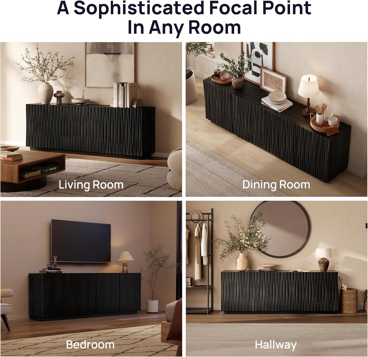 70" Fluted Mid-Century Modern TV Stand for TVs Up to 75", Black Walnut
