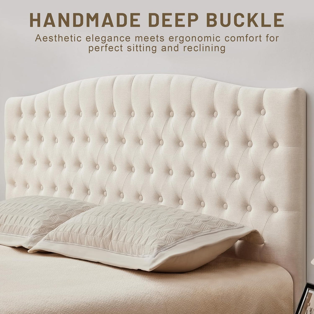 Tufted Tall King Size Headboard, Linen Button Diamond Headboards, Beige