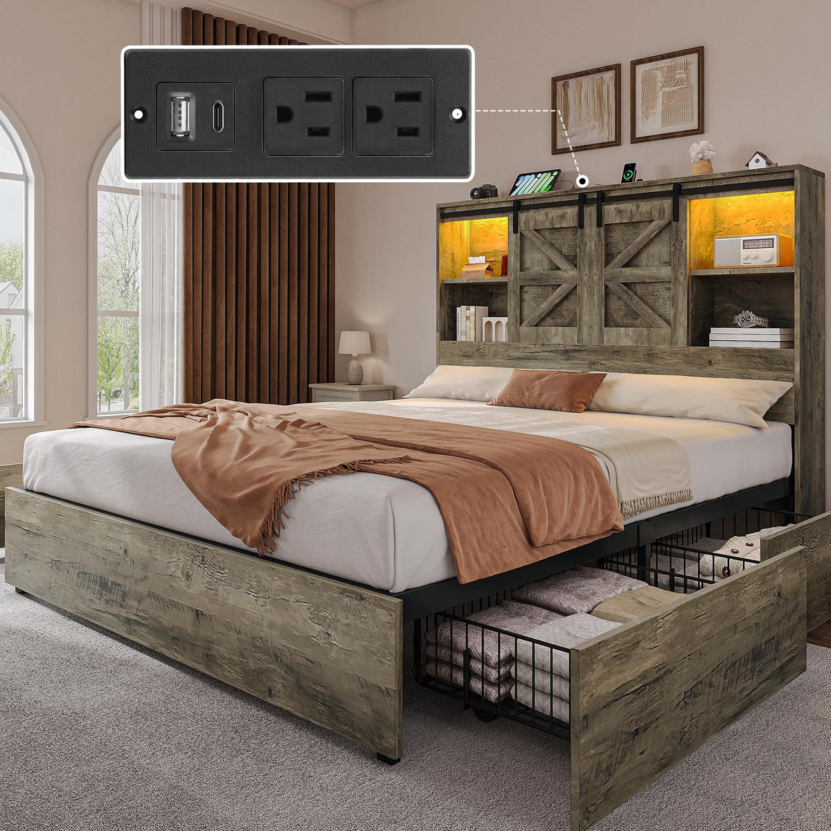 DWVO Farmhouse Queen Size Bed with 50" Tall Storage Bookcase Headboard