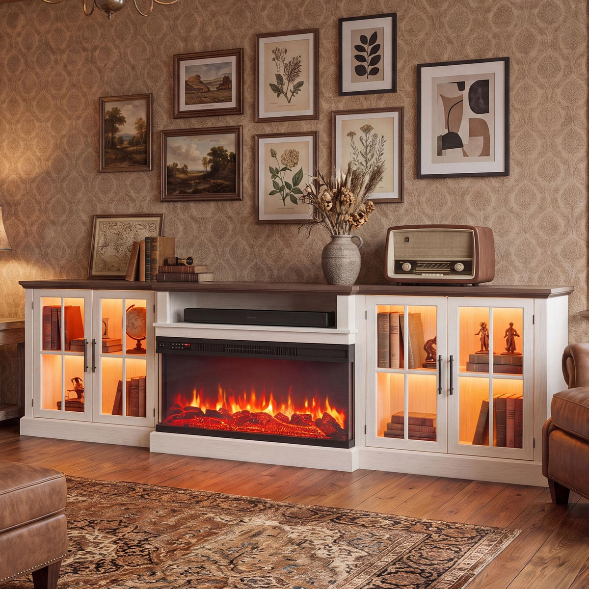 98" Farmhouse TV Stand with 36" Fireplace, Black & Black