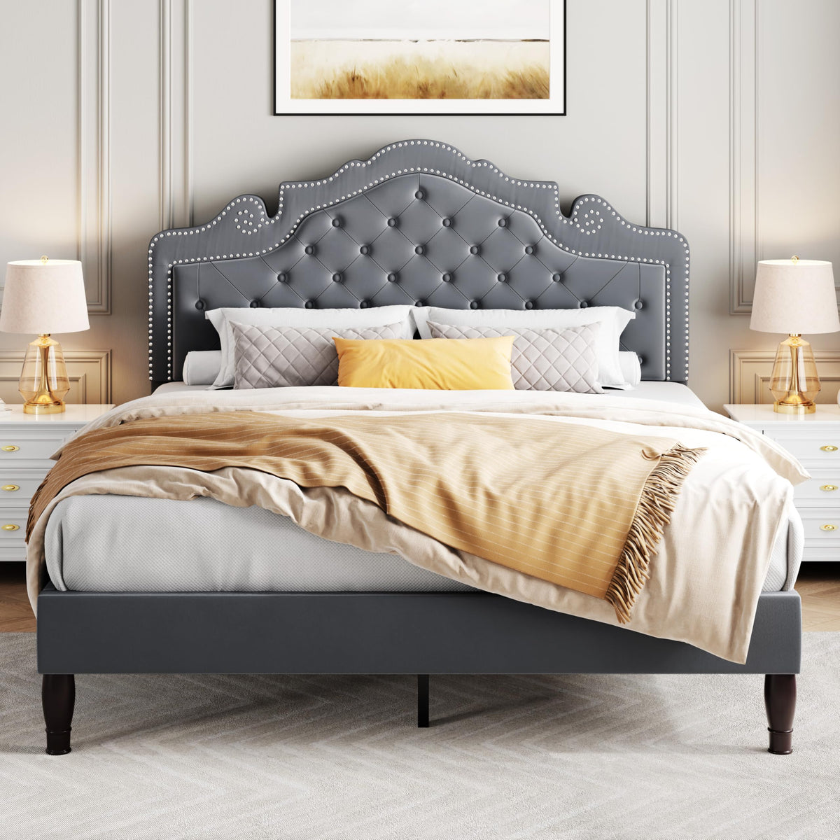 SHA CERLIN Queen Bed Frame with Adjustable Headboard/Velvet Upholstered/Diamond Button Tufted and Metal Studs/No Box Spring Needed/Wood Slat Support/Easy Assembly/Black