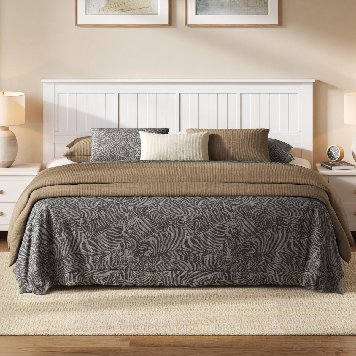 ComfIQ Serene Wood Panel Headboard with Horizontal Scoring, Full, White