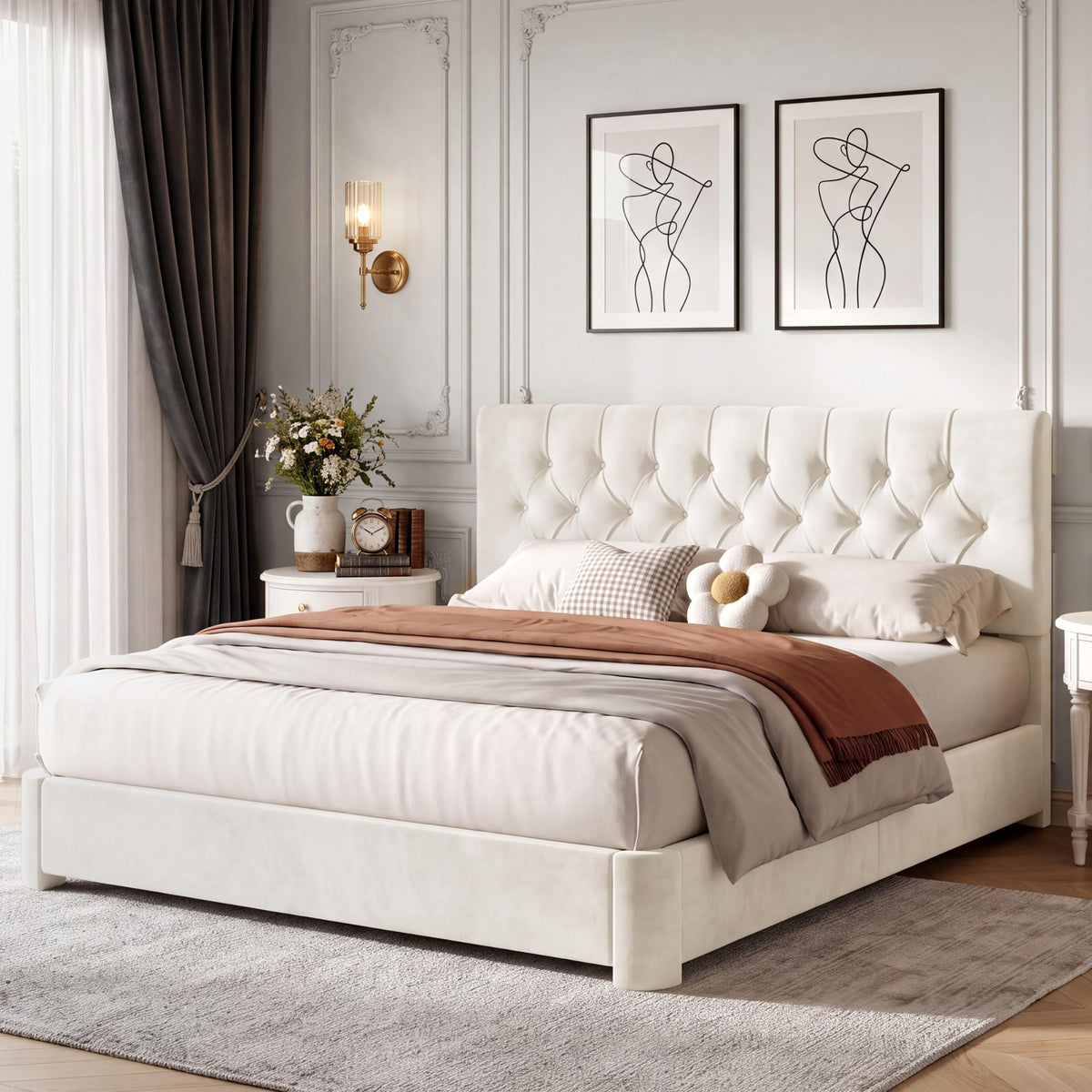 Queen Size Bed Frame with Headboard, Luxury Velvet Fabric Upholstered Bed frame with Button Tufted Design, Strong Wooden Slats Support - Low & Sturdy, Noise-Free, No Box Spring, Easy Assembly, Beige