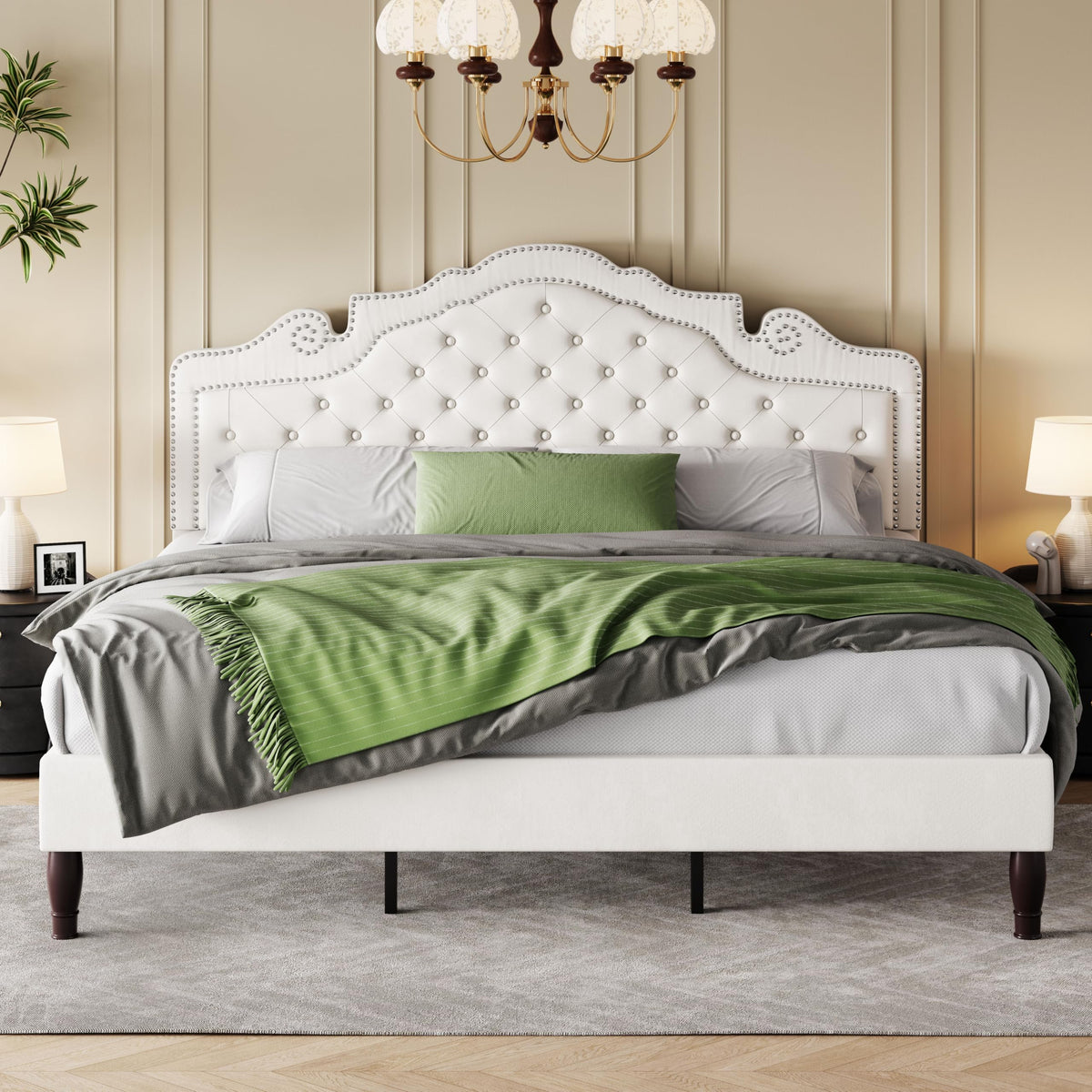SHA CERLIN Queen Bed Frame with Adjustable Headboard/Velvet Upholstered/Diamond Button Tufted and Metal Studs/No Box Spring Needed/Wood Slat Support/Easy Assembly/Black