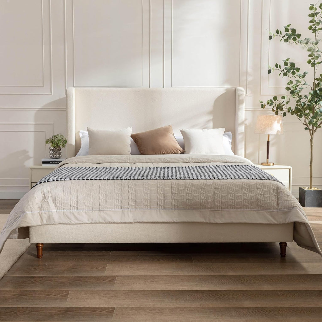 Harper Bed Frame with 54" Extra-Tall Headboard - Modern Wingback Upholstered Platform Bed, Textured Boucle Fabric, 1000lbs Heavy Duty Support, No Box Spring Needed(Ivory, King U.S. Standard)