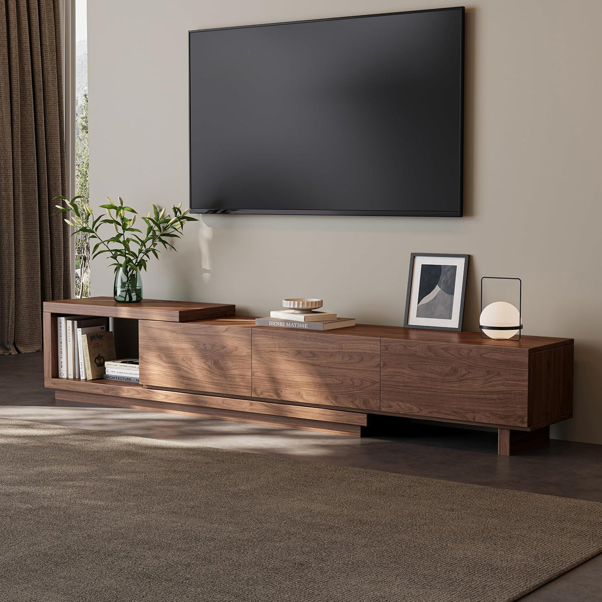 Extendable TV Stand for 65-100 Inches TVs – Walnut Entertainment Console with 3 Drawers & 1 Storage Compartment, Adjustable Length 68.5''-98.4'' (Walnut, 68.5''-98.4'')