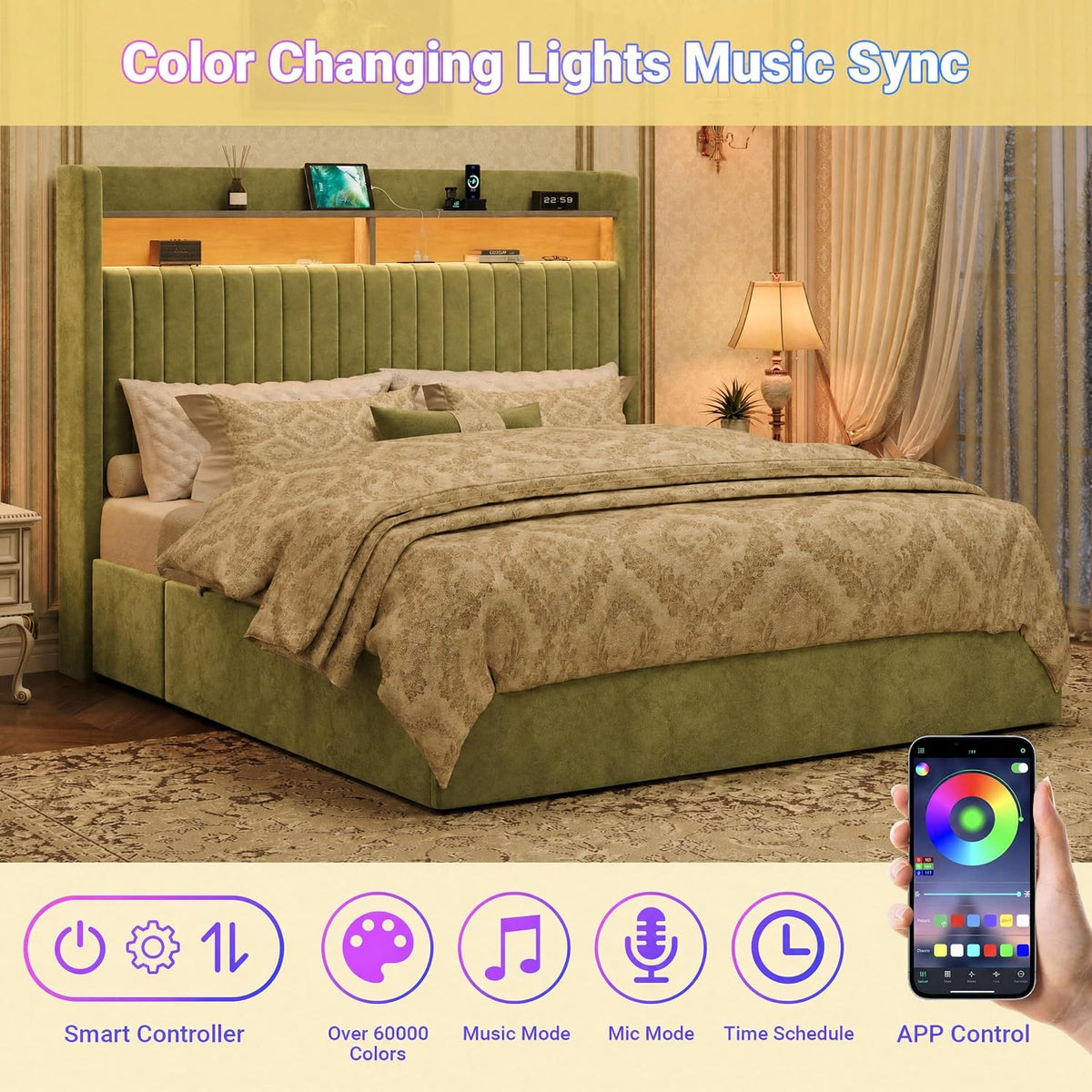 SHA CERLIN Queen Upholstered Platform Bed Frame with 3 Spacious Storage Drawers, Built-in LED Lights & Charging Station, Vertical Tufted Headboard with Shelf, No Box Spring Needed, Velvet Green