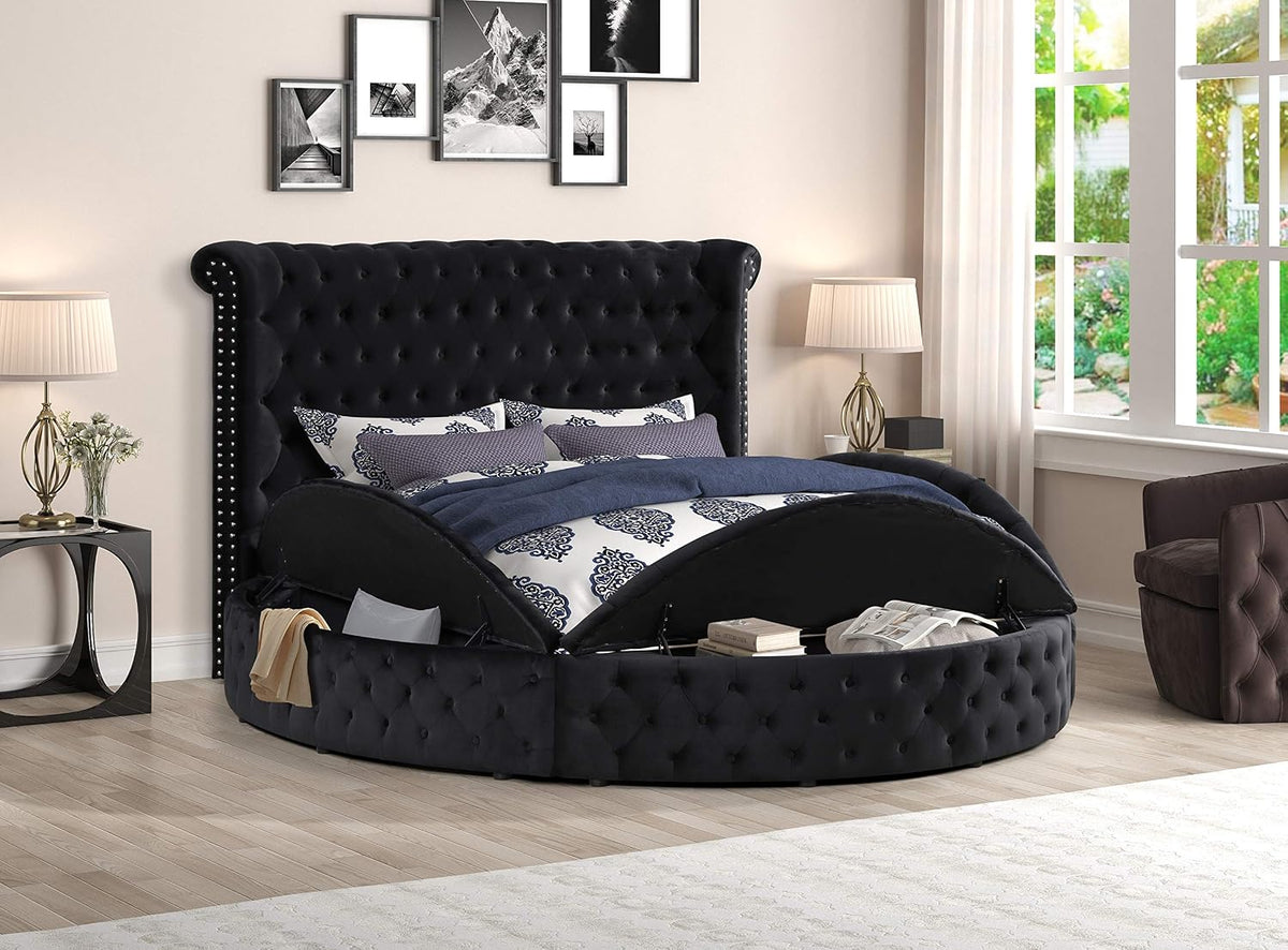 Lexi Round Upholstered Velvet Platform Bed Frame, Black - King