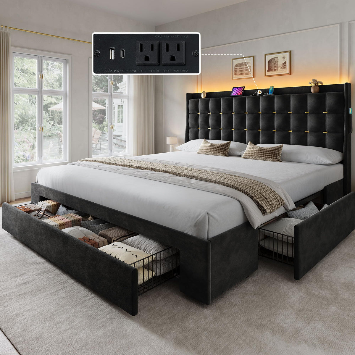 YITAHOME King Size Bed Frame with 3 Storage Drawers and RGB LED Lights