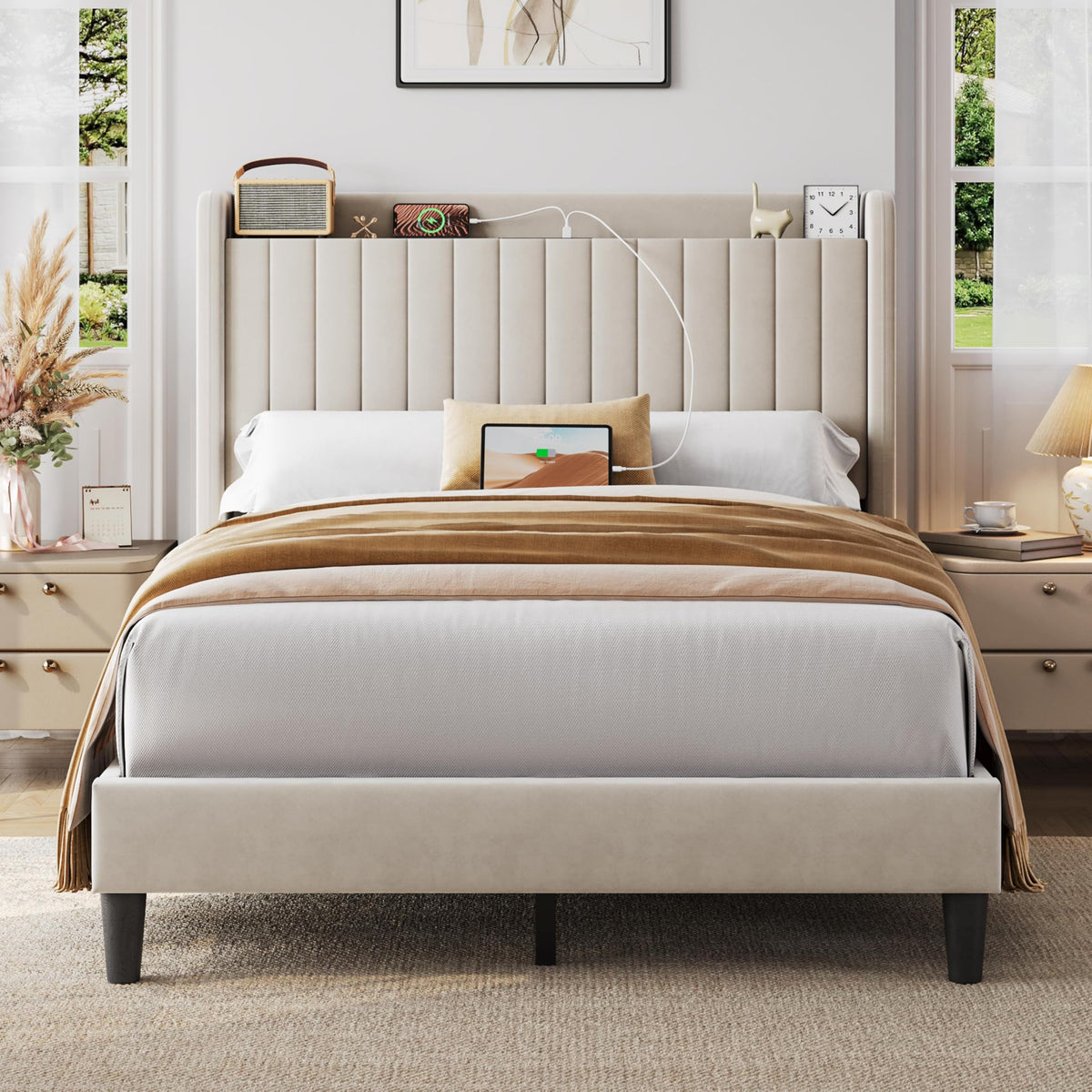 Yaheetech Queen Bed Frame with Channel-Tufted Storage Headboard, Cool Beige