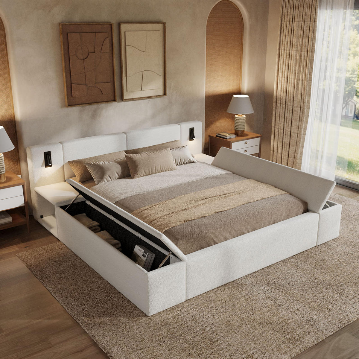 Merax Bouclé Upholstered Platform Bed with Headboard, Hidden Storage,White