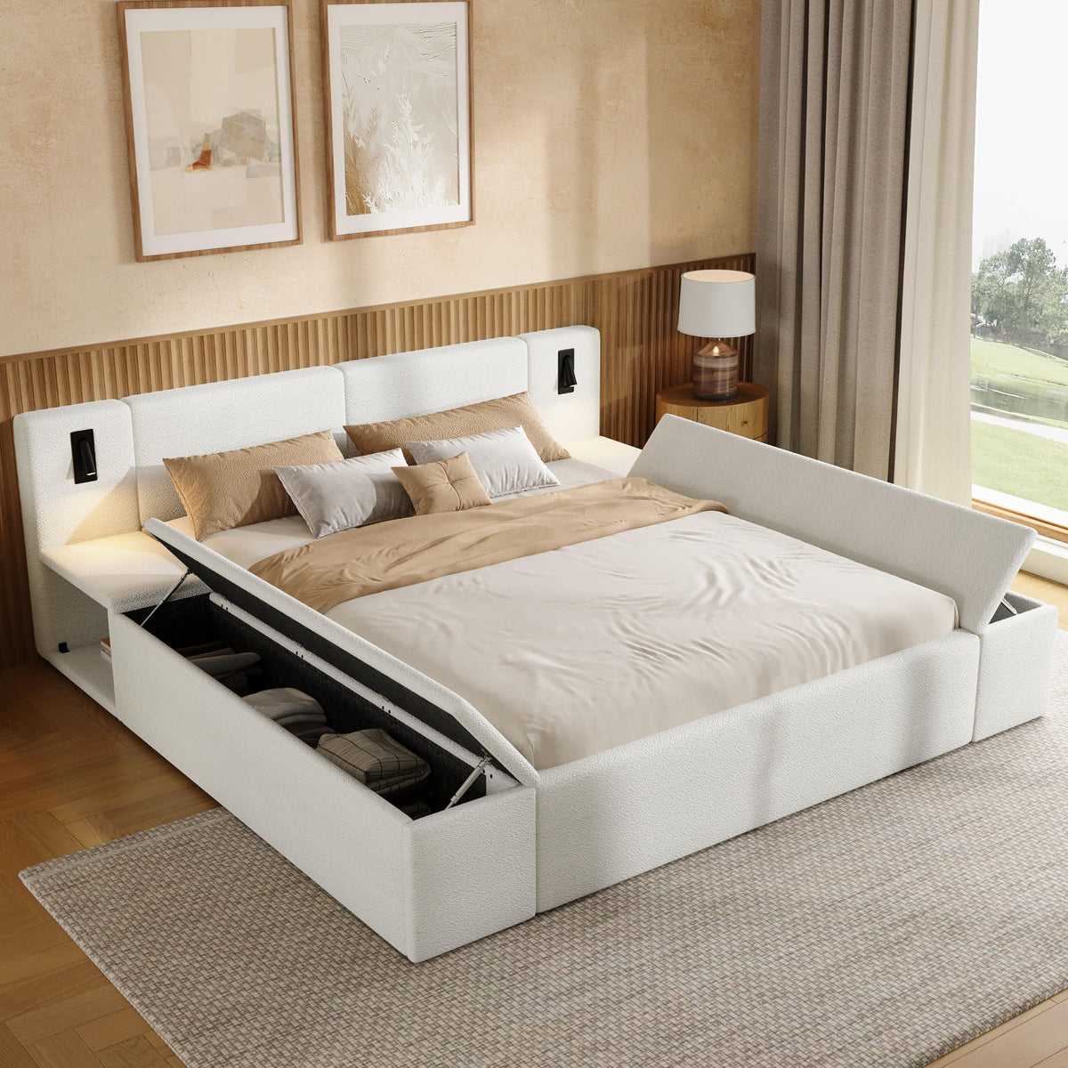 Merax Bouclé Upholstered Platform Bed with Headboard, Hidden Storage,White