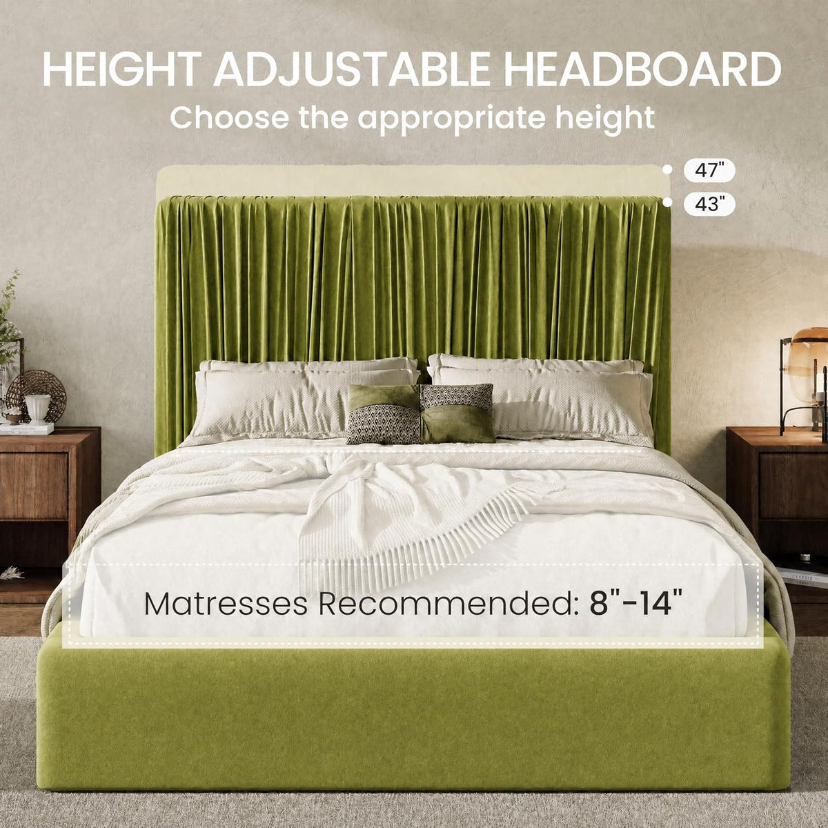 SHA CERLIN Queen Size Artisanal Pleated Velvet Bed Frame with Adjustable Headboard, Luxurious Upholstered Floor Platform Bed, Modern Low Profile Frame, Green