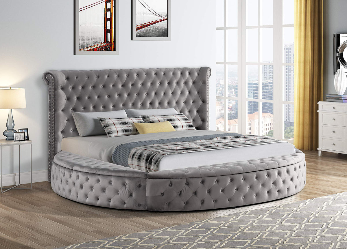 Lexi Round Upholstered Velvet Platform Bed Frame, Black - King