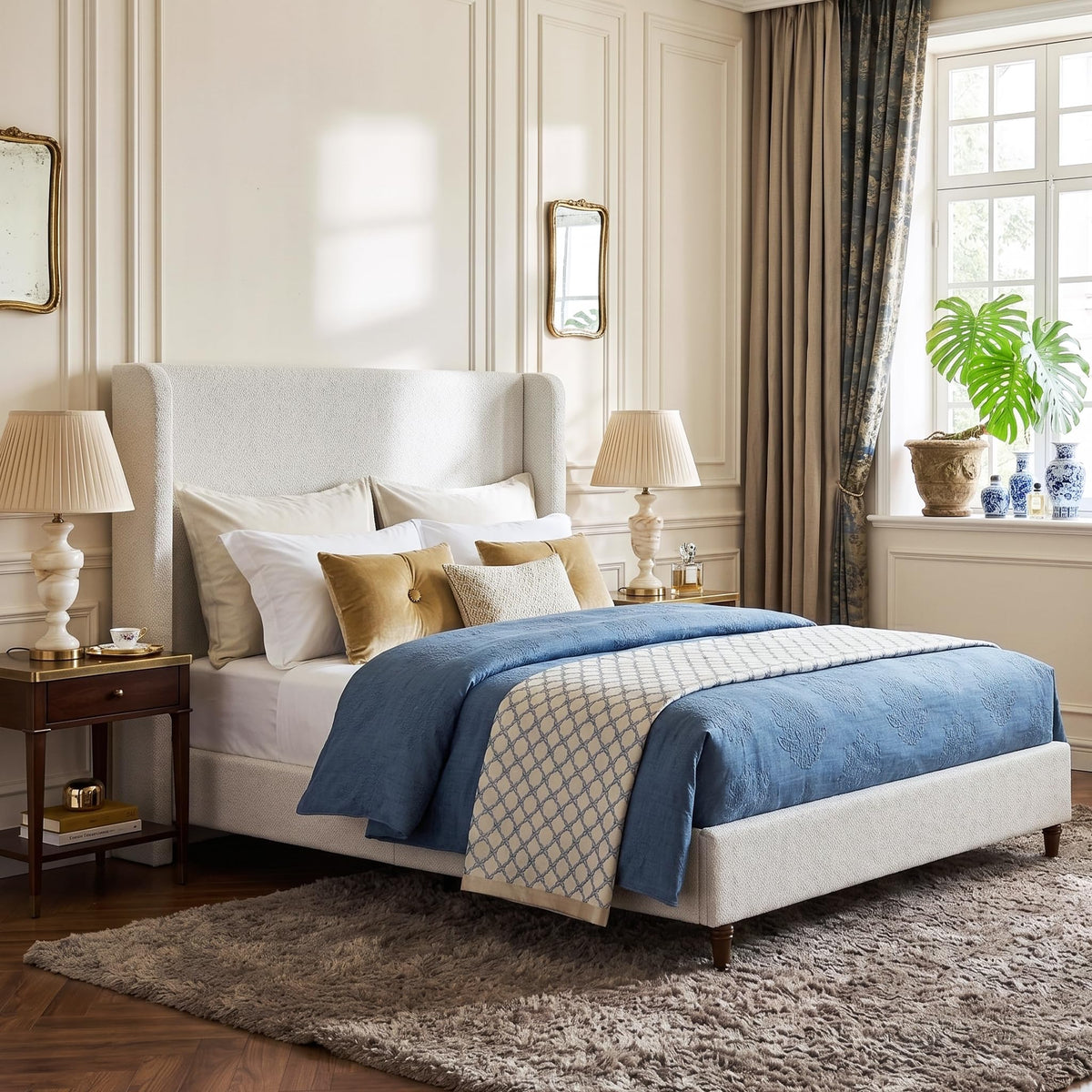 Harper Bed Frame with 54" Extra-Tall Headboard - Modern Wingback Upholstered Platform Bed, Textured Boucle Fabric, 1000lbs Heavy Duty Support, No Box Spring Needed(Ivory, King U.S. Standard)