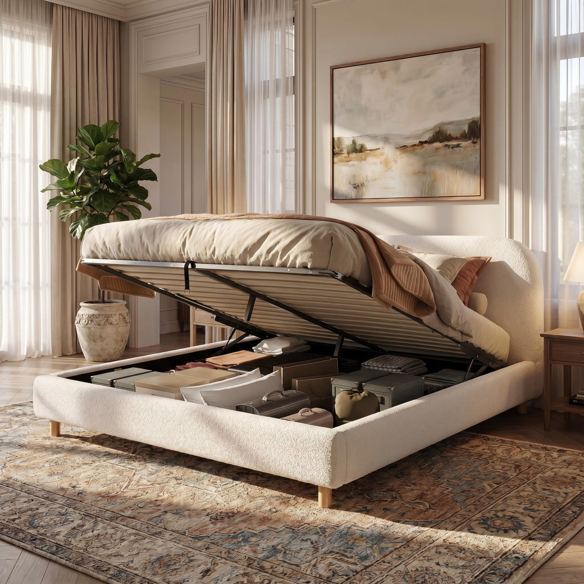 Merax California King Boucle Platform Bed with Curved Headboard, White