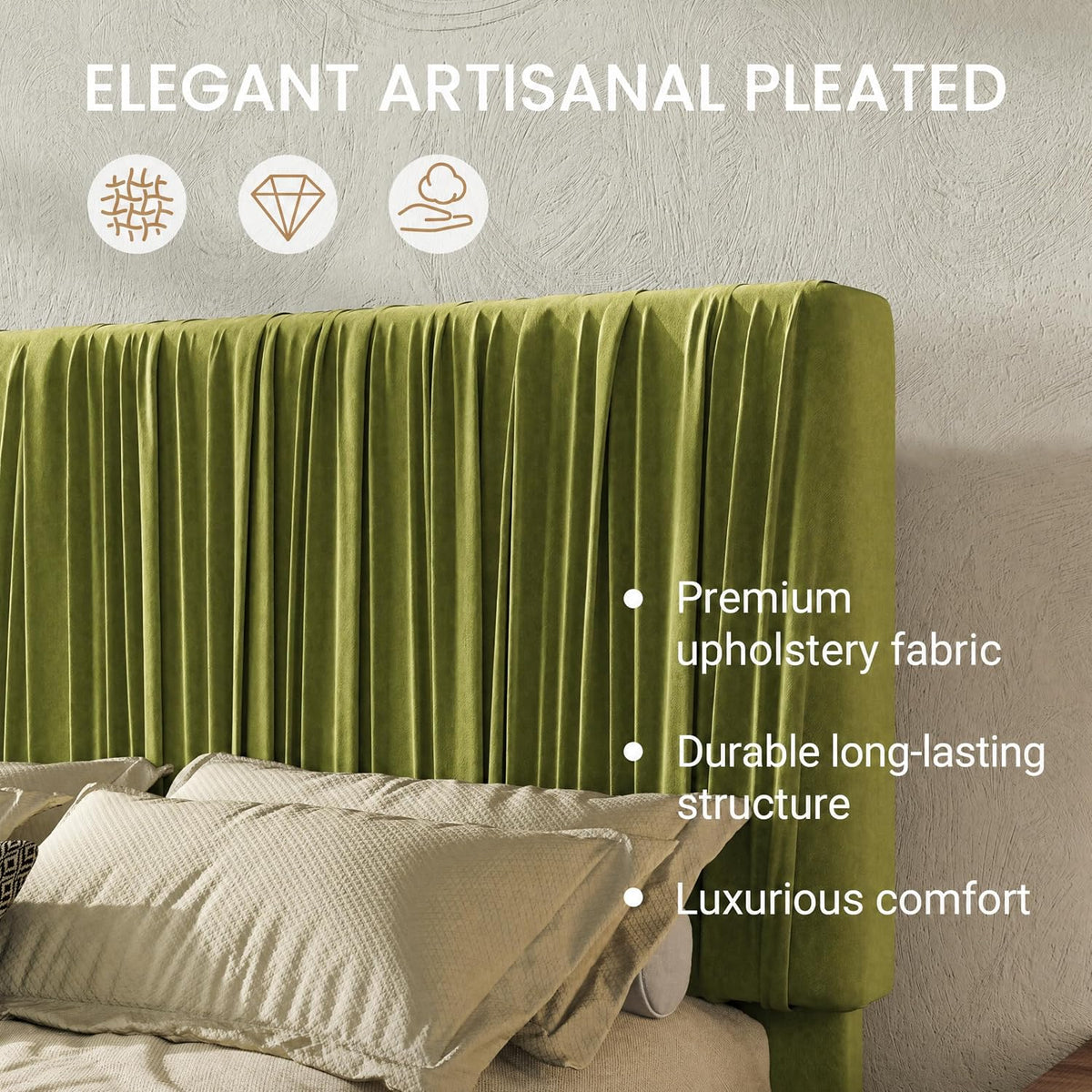 SHA CERLIN Queen Size Artisanal Pleated Velvet Bed Frame with Adjustable Headboard, Luxurious Upholstered Floor Platform Bed, Modern Low Profile Frame, Green