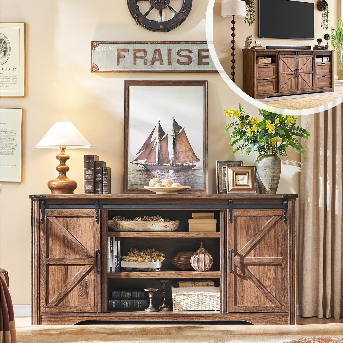 Farmhouse 66"TV Stand for 75+ Inch TV, With 4 Drawers & Sliding Barn Door