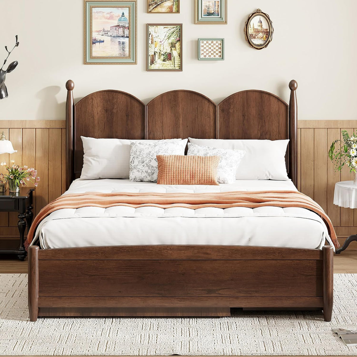 Merax Queen Size Platform Bed with 2 Storage Drawers and Twin XL Size Trundle, Rustic Design Wooden Bed Frame, Walnut