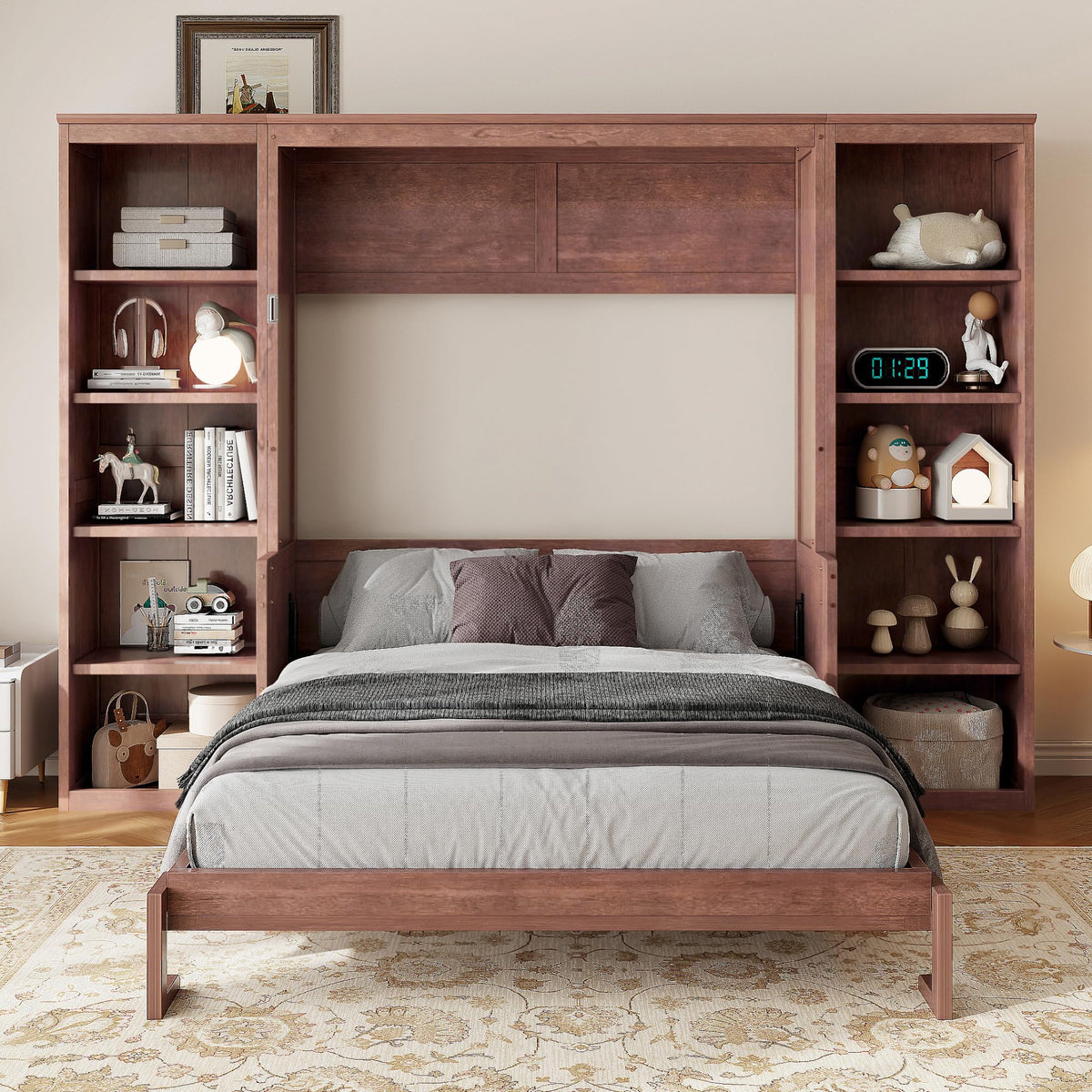 Ball & Cast Murphy Bed Full Size,Space-Saving Hideaway Wall Bed with Desk and Bookshelf,Murphy Bed w/Slat Support,Bedroom Folding Bedframe for Guest Room,Dark Brown