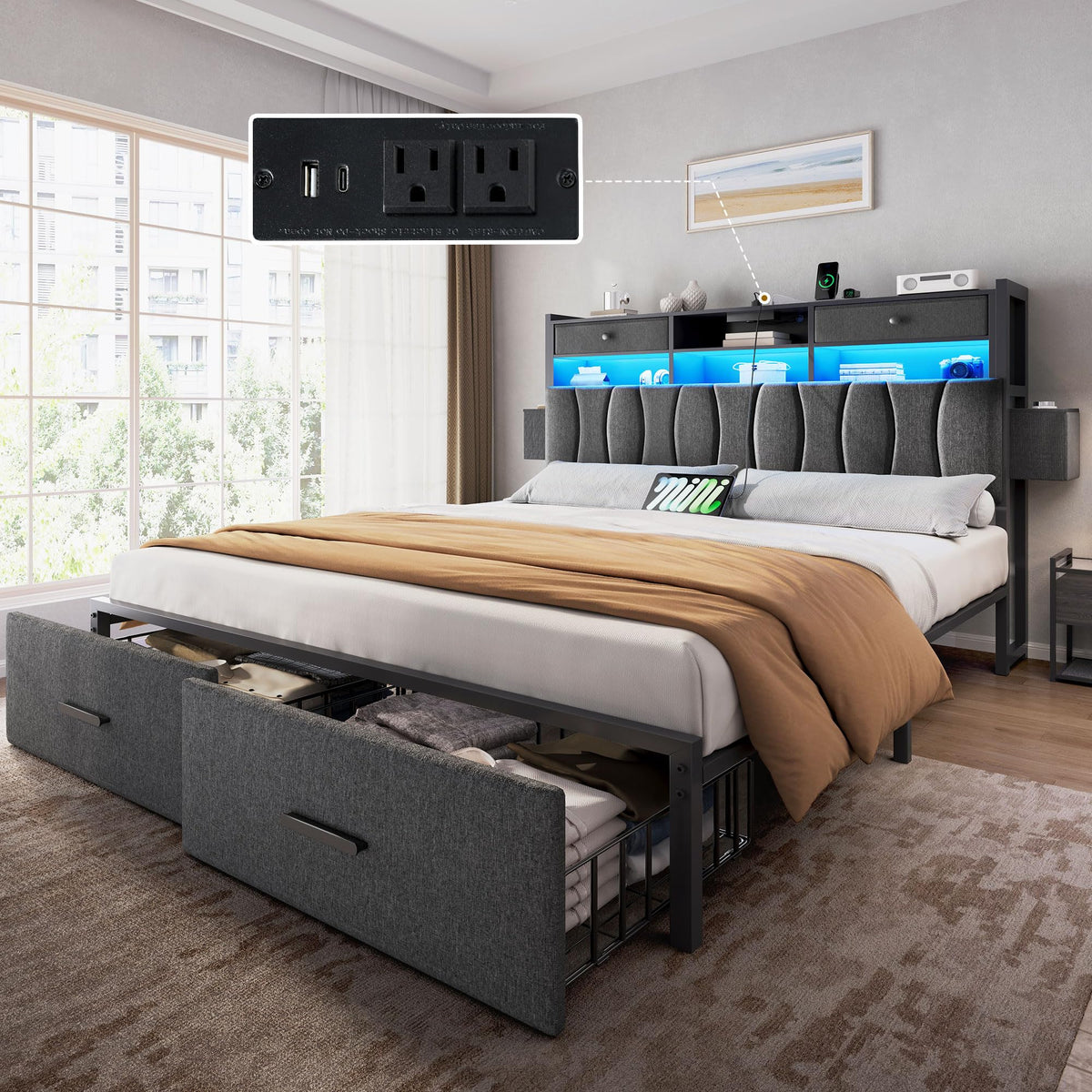 YITAHOME King Size Linen Upholstered Bed with Charging Station & LED Light