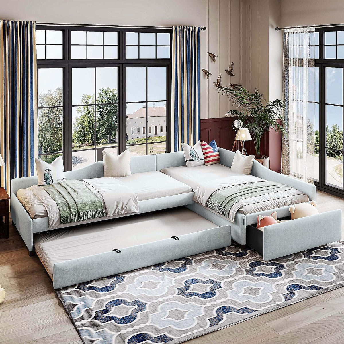 Merax Double Twin Size Daybed with Trundle and Storage Drawer, L Shaped Corner Bed with Wood Slats Support, Upholstered Sofabed for Bedroom Living Room,3 Beds in One Design, No Box Spring Needed
