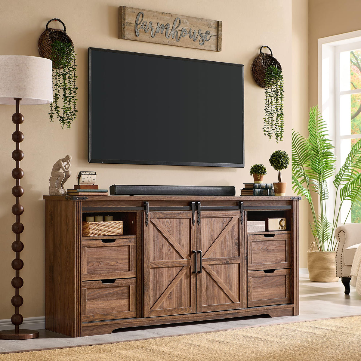 Farmhouse Fireplace TV Stand for 80 Inch TV, w/Drawer & Sliding Barn Door