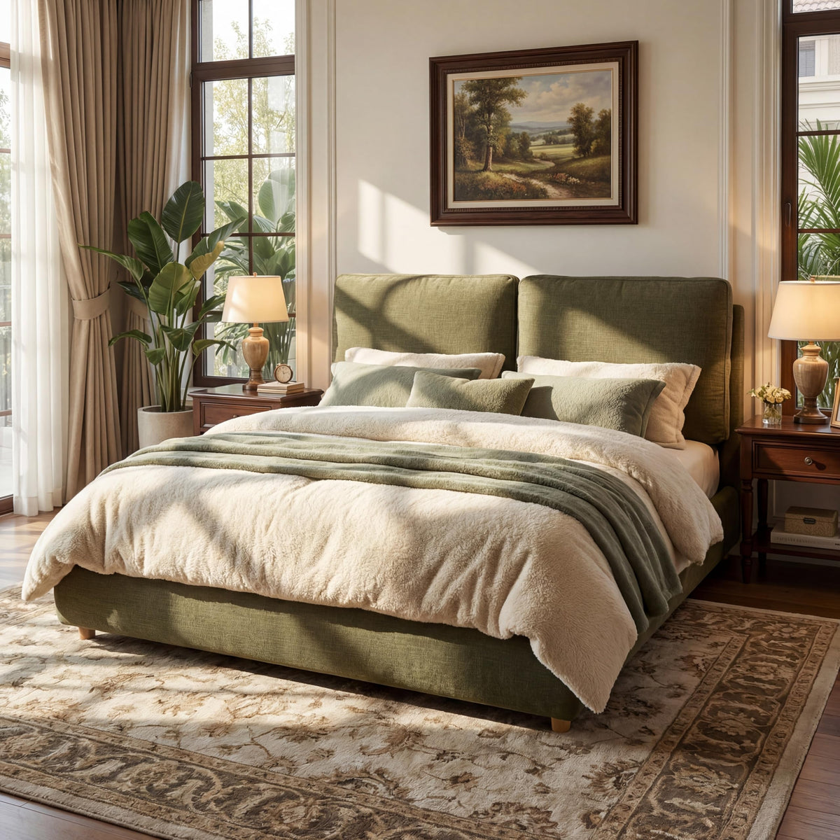 Merax Queen Boucle Upholstered Bed, 2 Removable Headboard Pillows, White