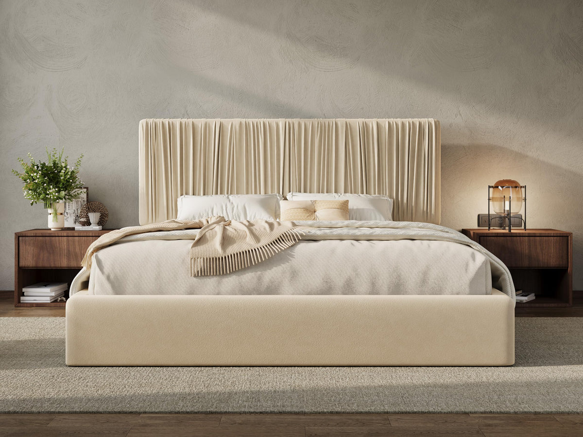 SHA CERLIN Queen Size Artisanal Pleated Velvet Bed Frame with Adjustable Headboard, Luxurious Upholstered Floor Platform Bed, Modern Low Profile Frame, Green