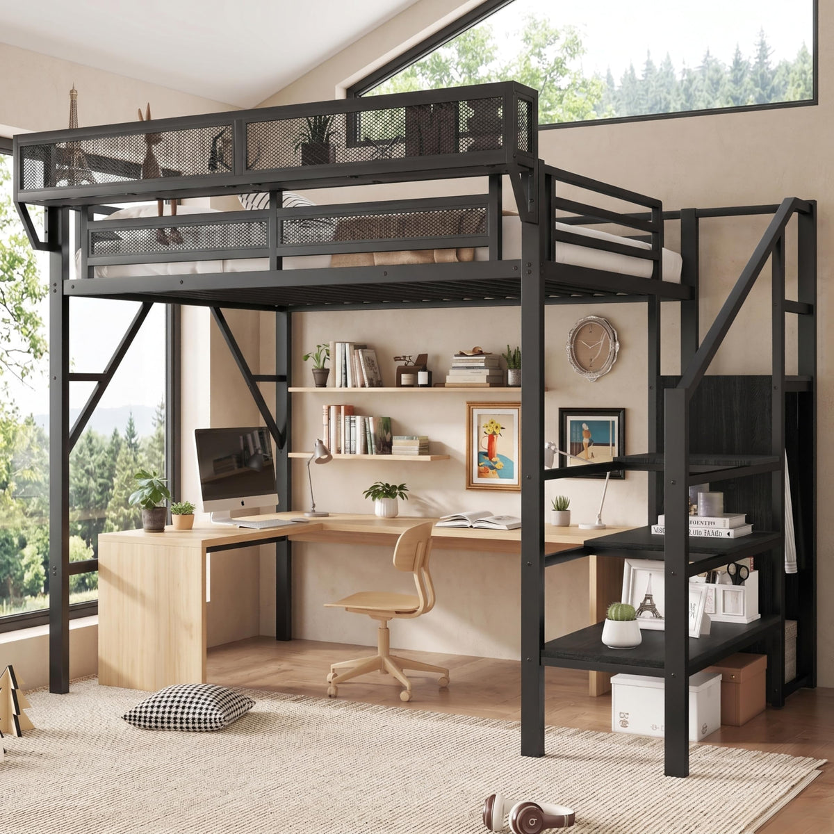 Mirightone Queen Size Loft Bed with Stairs and Storage, Metal Loft Bed Frame with Bedside Shelf and Large Under-Bed Space, Heavy-Duty Loft Beds for Adults Teens and Kids, Convertible Staircase, White