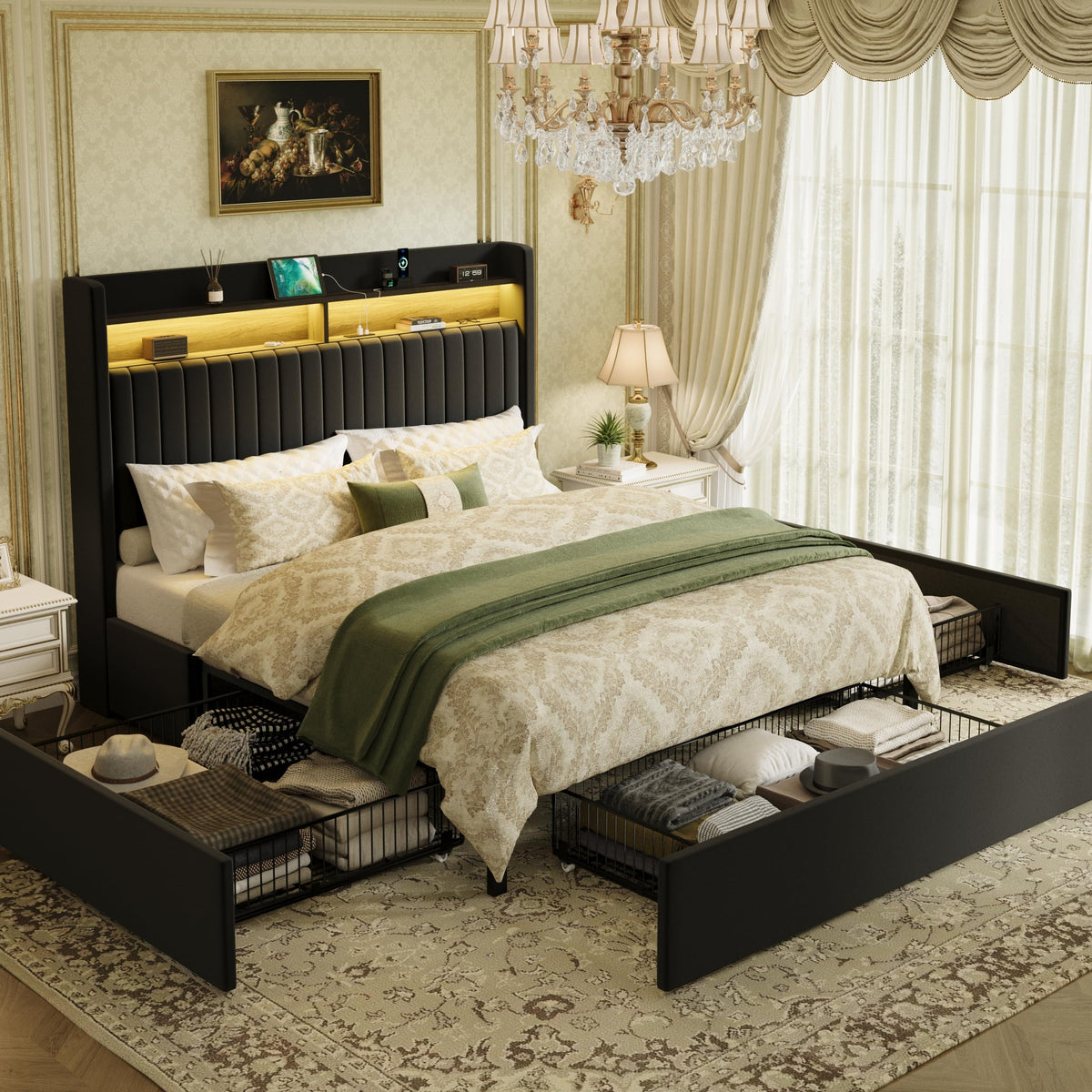 SHA CERLIN Queen Upholstered Platform Bed Frame with 3 Spacious Storage Drawers, Built-in LED Lights & Charging Station, Vertical Tufted Headboard with Shelf, No Box Spring Needed, Velvet Green