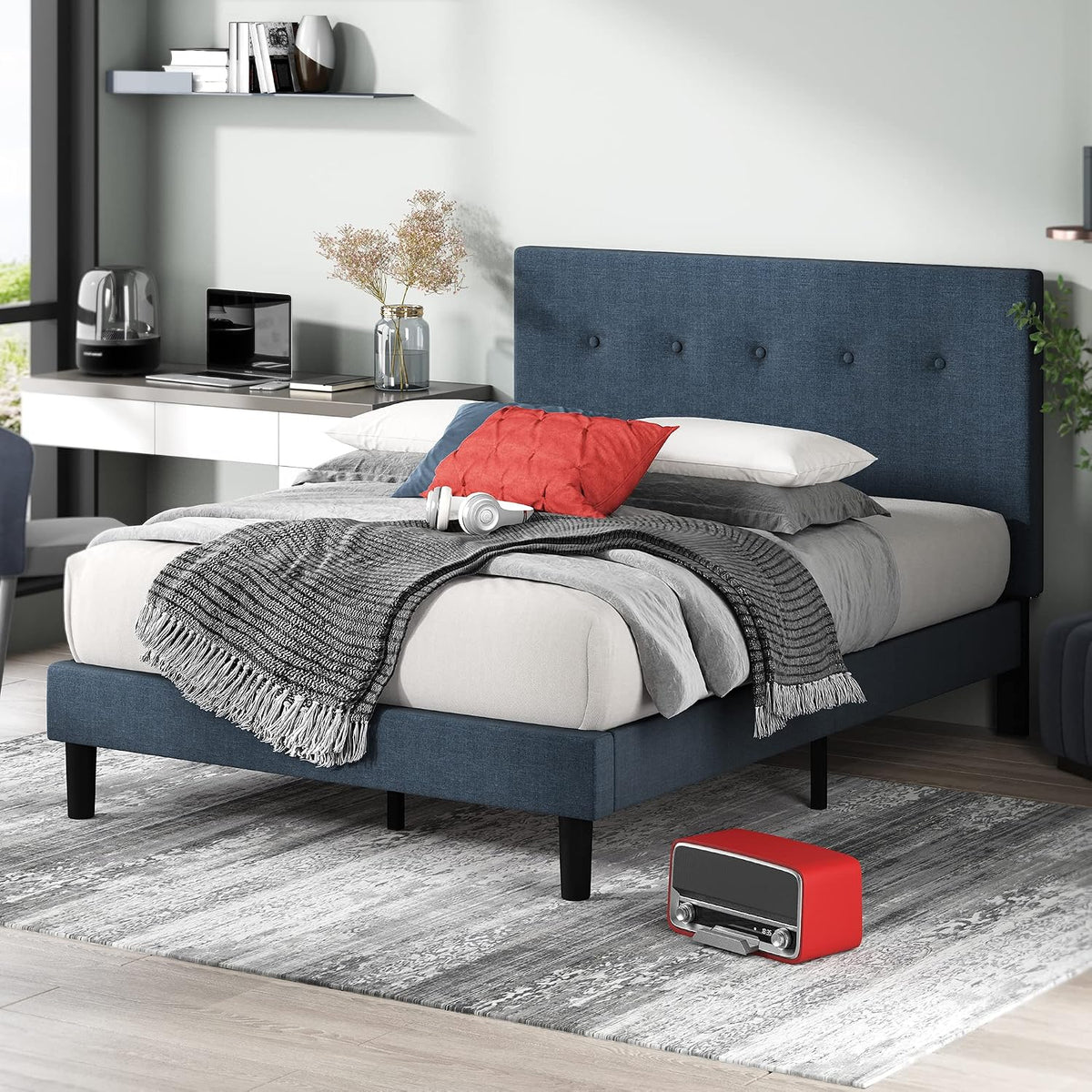 Zinus Omkaram Upholstered Platform Bed Frame, Mattress Foundation, Wood Slat Support, No Box Spring Needed, Easy Assembly, Queen
