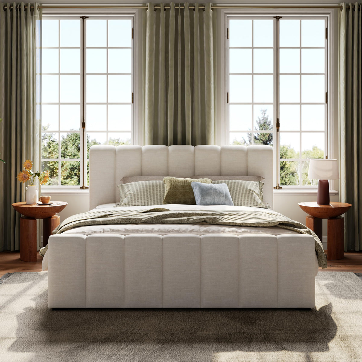 Merax King Upholstered Bed with Thick Headboard and Footboard, Beige