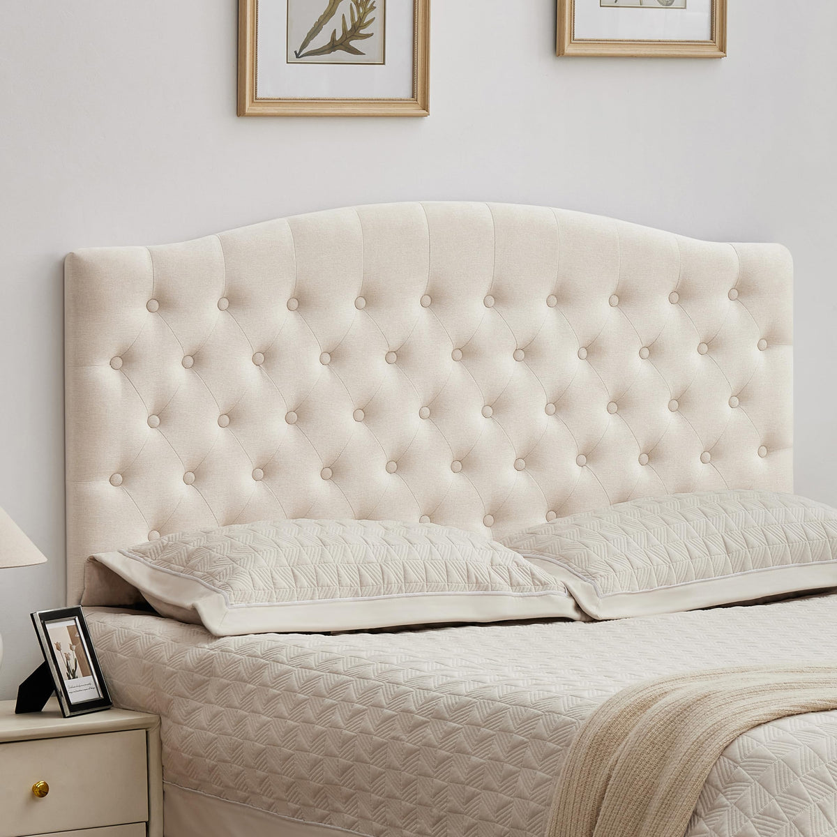 Tufted Tall King Size Headboard, Linen Button Diamond Headboards, Beige