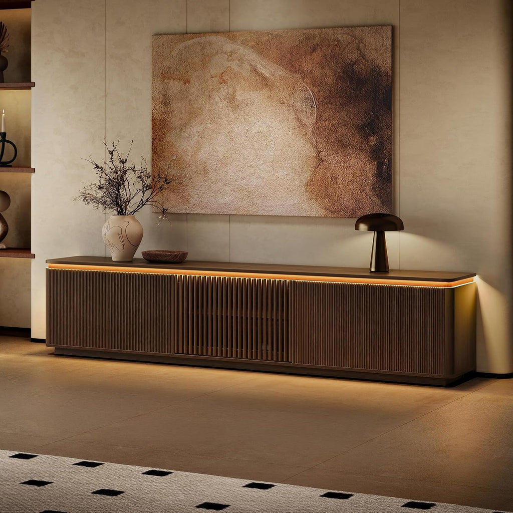 94.5" Mid Century ModernTV Stand with LED Lights for TVs up to 98", Walnut