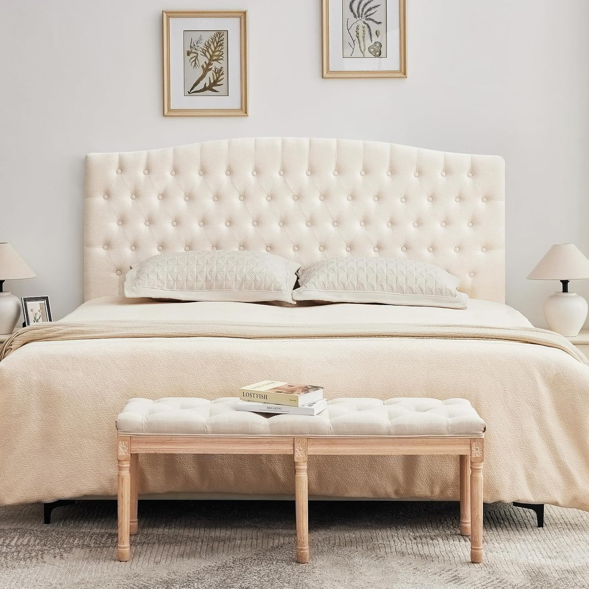Tufted Tall King Size Headboard, Linen Button Diamond Headboards, Beige