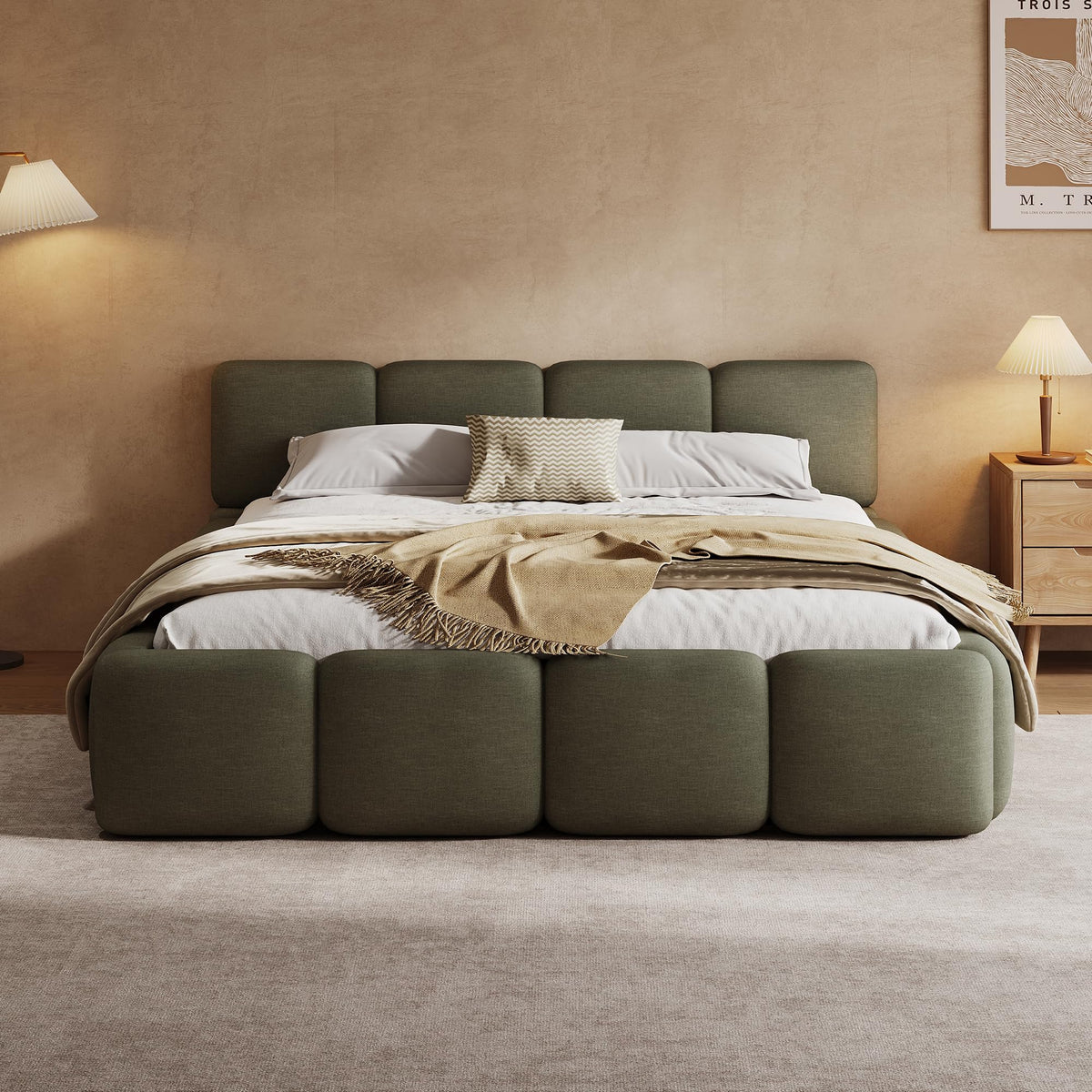Merax King Upholstered Bed with Thick Headboard and Footboard, Beige