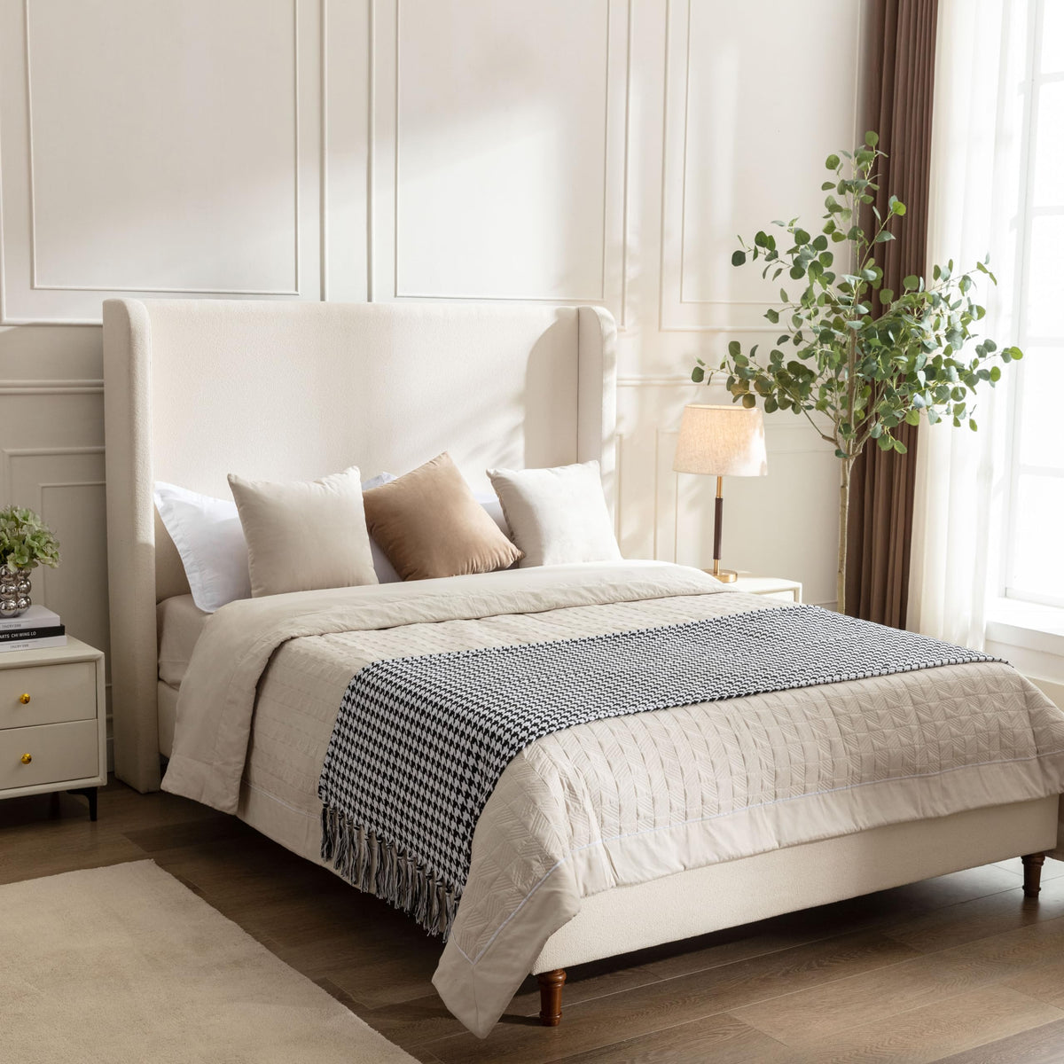 Harper Bed Frame with 54" Extra-Tall Headboard - Modern Wingback Upholstered Platform Bed, Textured Boucle Fabric, 1000lbs Heavy Duty Support, No Box Spring Needed(Ivory, King U.S. Standard)