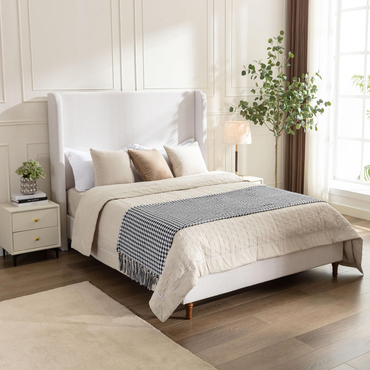 Harper Bed Frame with 54" Extra-Tall Headboard - Modern Wingback Upholstered Platform Bed, Textured Boucle Fabric, 1000lbs Heavy Duty Support, No Box Spring Needed(Ivory, King U.S. Standard)