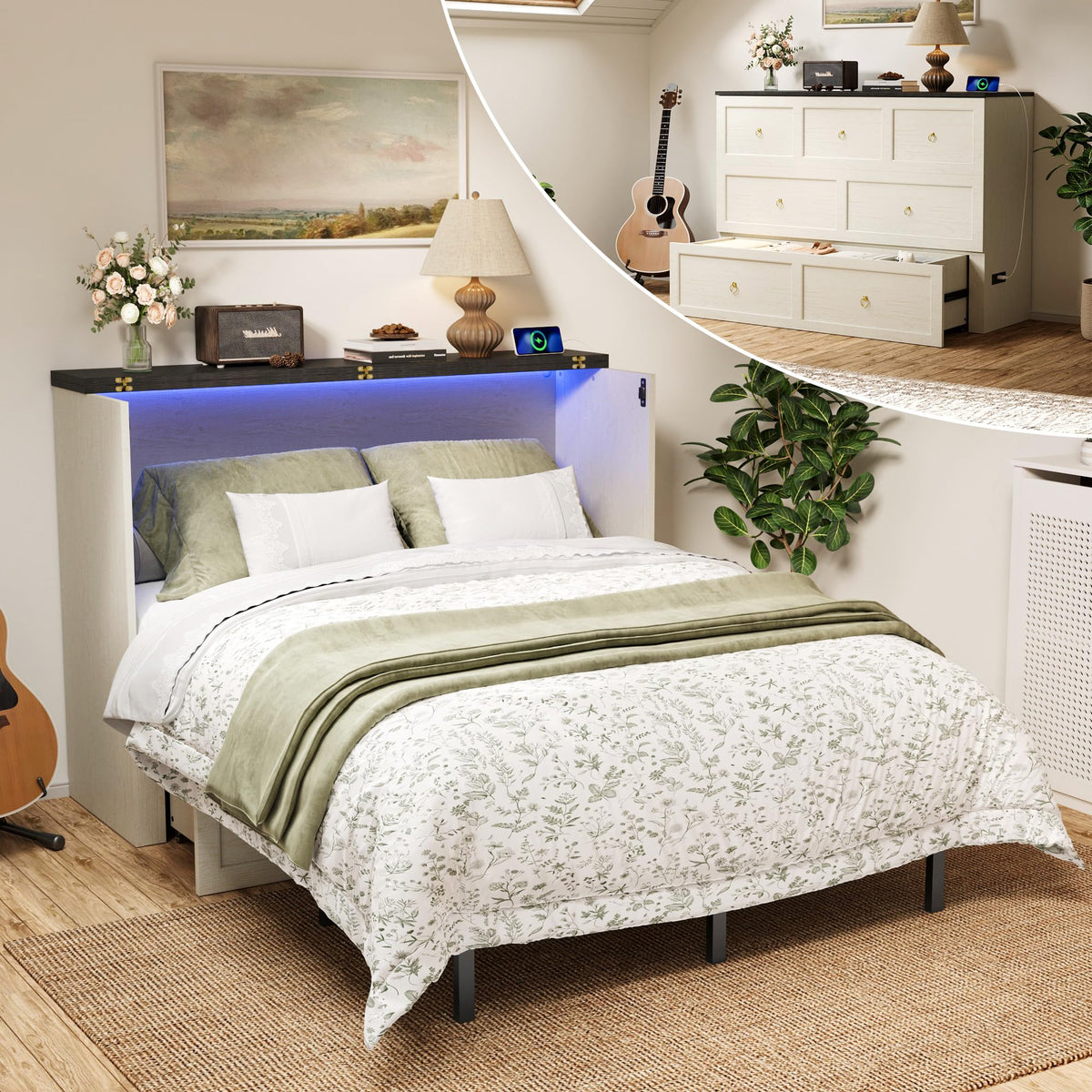 Queen Murphy Bed with Hidden Storage, Farmhouse Cabinet Bed with Storage Drawer, RGB LED Lights & Charging Station, Space-Saving Wall Bed with 6 Metal Legs, Black