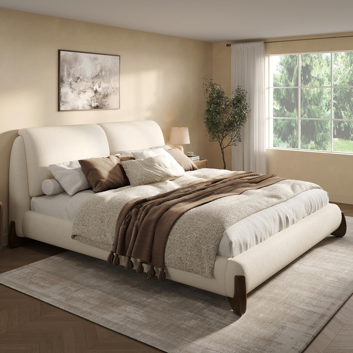 Merax Queen Boucle Upholstered Bed, 2 Removable Headboard Pillows, White
