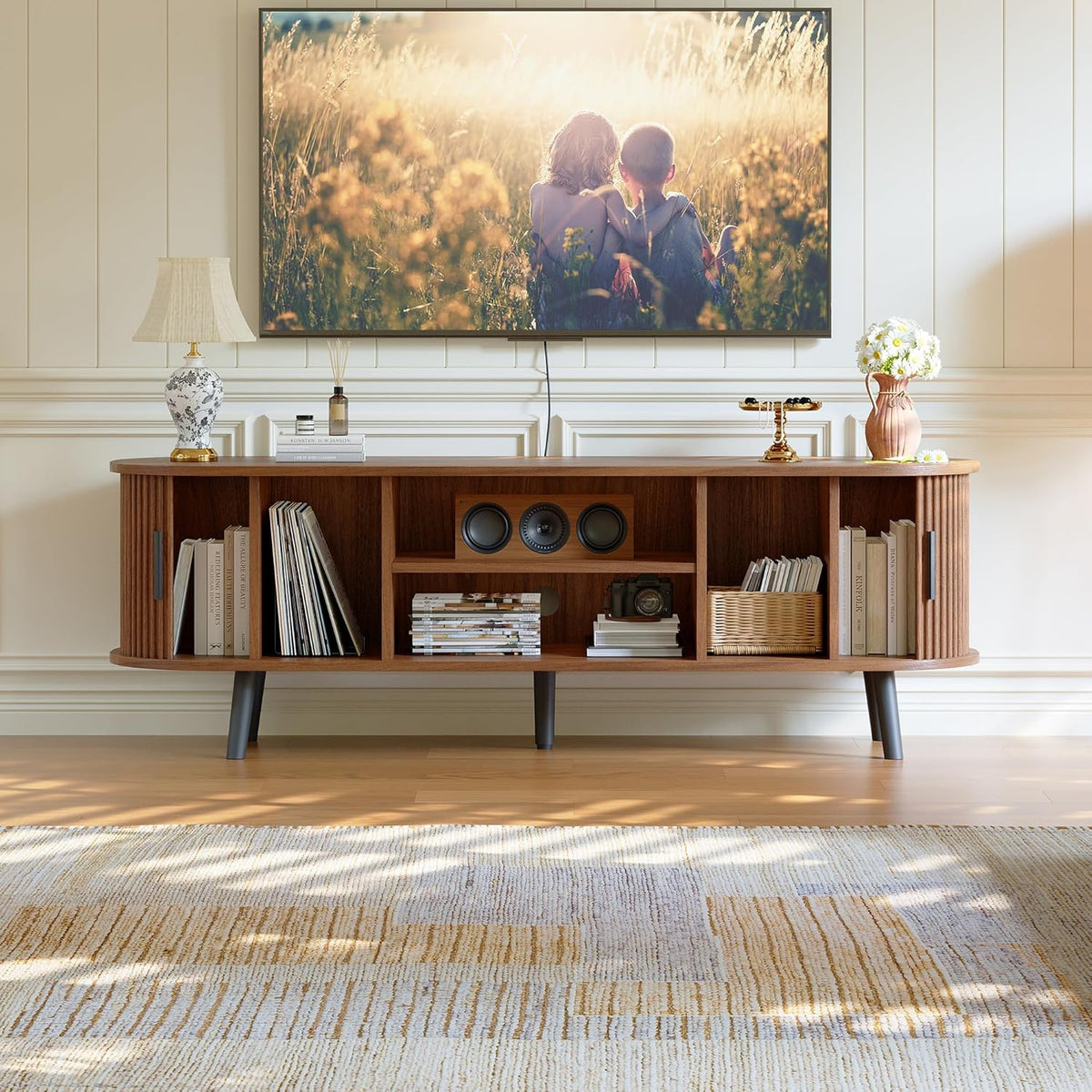 ChooChoo 54" Mid Century Modern TV Stand with Fluted Sliding Doors