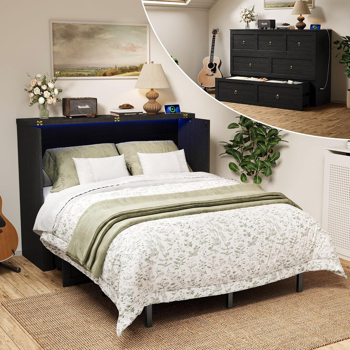 Queen Murphy Bed with Hidden Storage, Farmhouse Cabinet Bed with Storage Drawer, RGB LED Lights & Charging Station, Space-Saving Wall Bed with 6 Metal Legs, Black