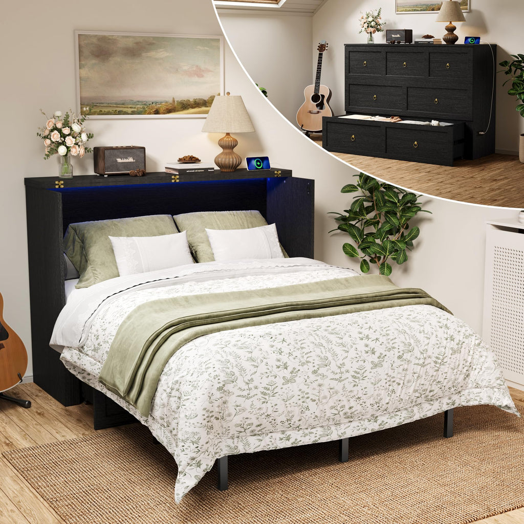 Queen Murphy Bed with Hidden Storage, Farmhouse Cabinet Bed with Storage Drawer, RGB LED Lights & Charging Station, Space-Saving Wall Bed with 6 Metal Legs, Black