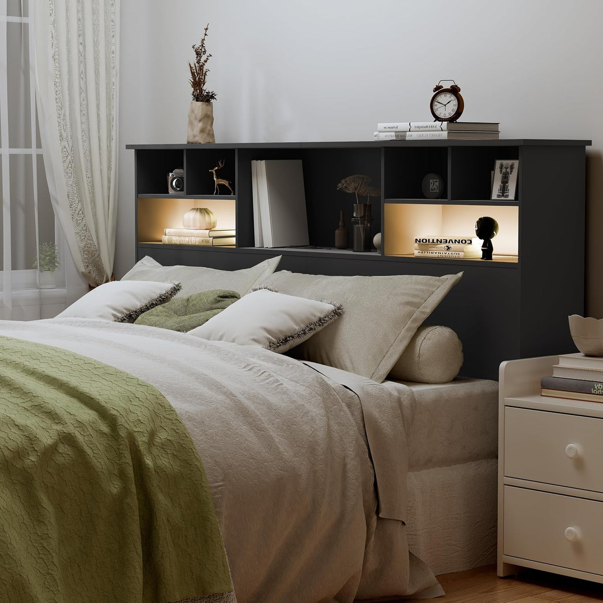 Queen Headboard Only for Bedroom, Bookcase Head Board, Black