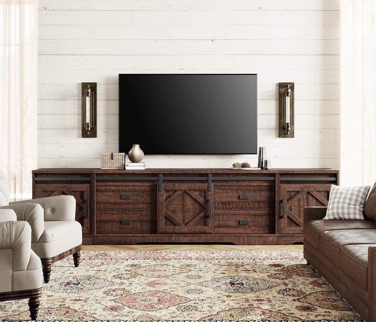 WAMPAT 98.5 inch Wide Large Farmhouse TV Stand w/Drawers & Storage Cabinet