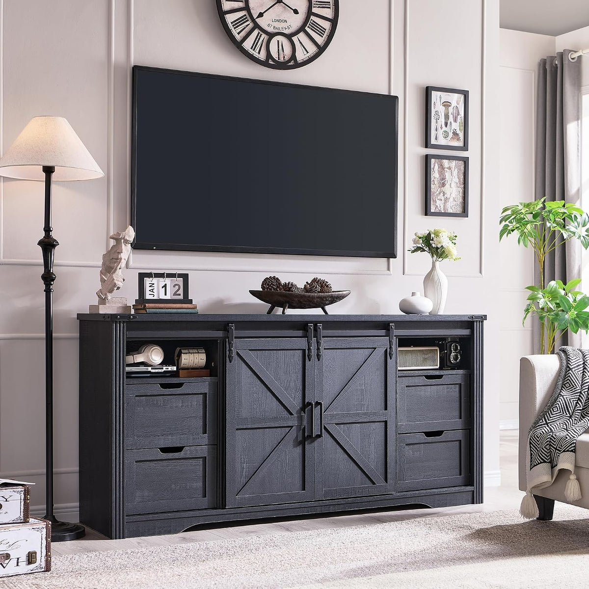 Farmhouse Fireplace TV Stand for 80 Inch TV, w/Drawer & Sliding Barn Door