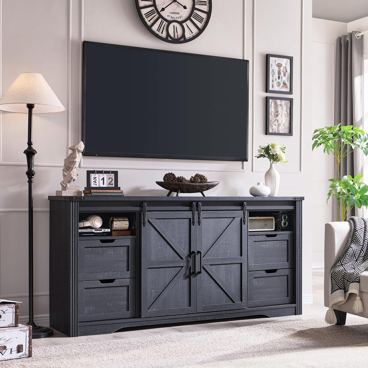 Farmhouse Fireplace TV Stand for 80 Inch TV, w/Drawer & Sliding Barn Door